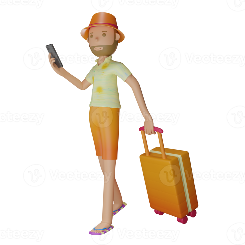 3D summer character bring luggage and smart phone with transparent background png