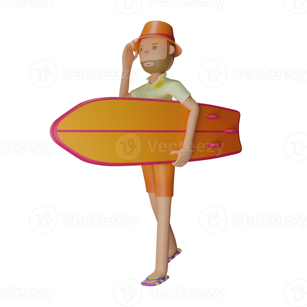 3D summer character bring surfing board with transparent background png