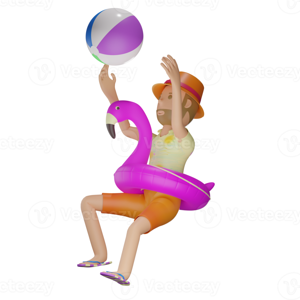 Personaje de verano en 3d con boya de flamenco y jugando a la pelota de playa con fondo transparente png