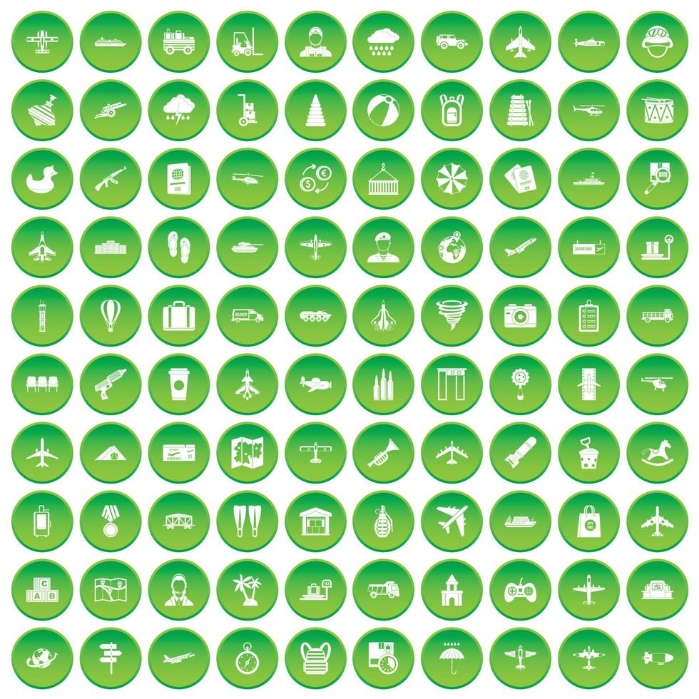 100 plane icons set green circle vector