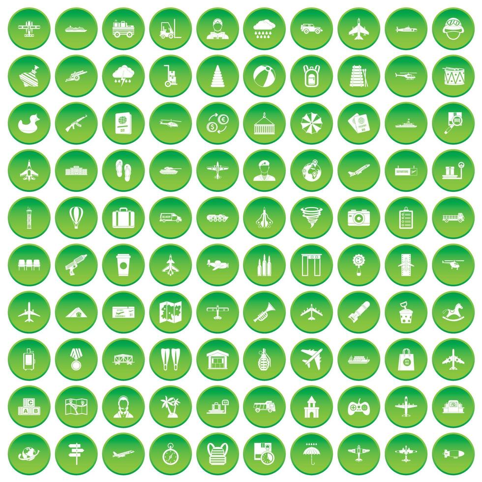 100 iconos de avión establecer círculo verde vector