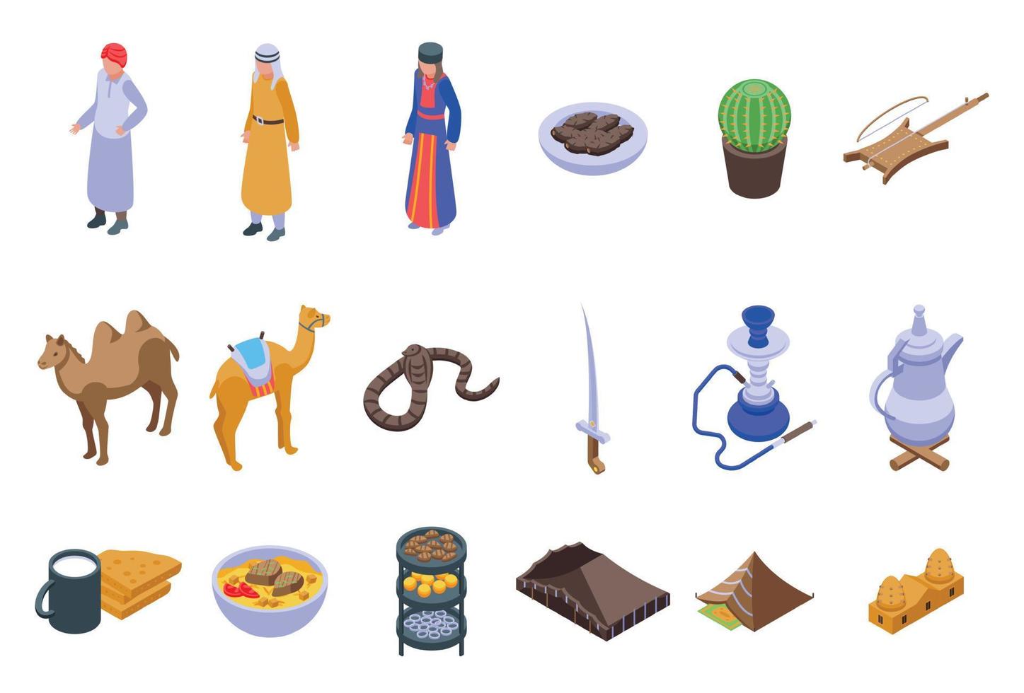 Bedouins icons set isometric vector. Arab desert vector