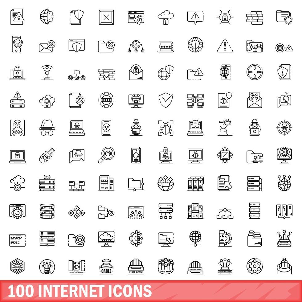 100 internet icons set, outline style vector