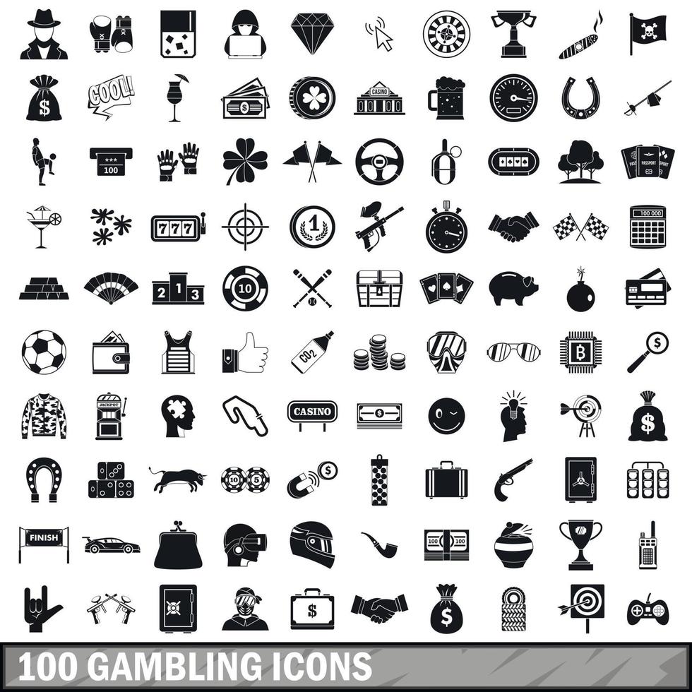 100 gambling icons set, simple style vector