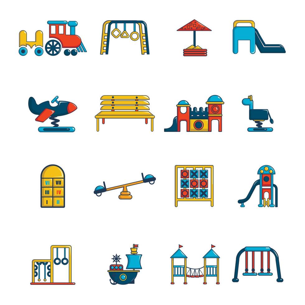 Playground equipment icons set, cartoon style vector