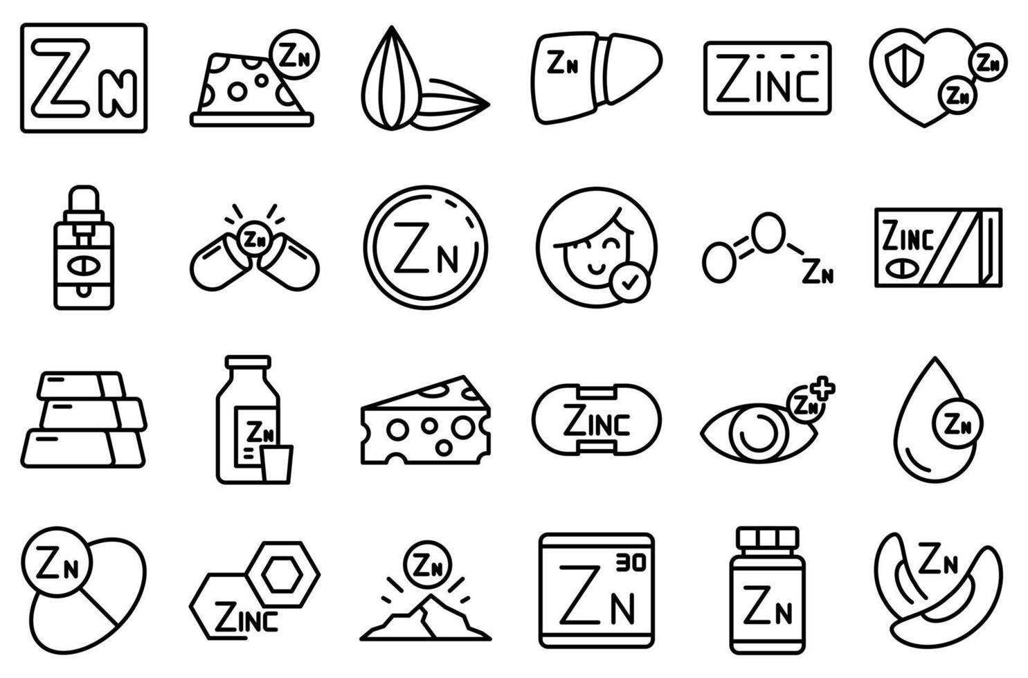 iconos de zinc establecer vector de contorno. suplemento mineral