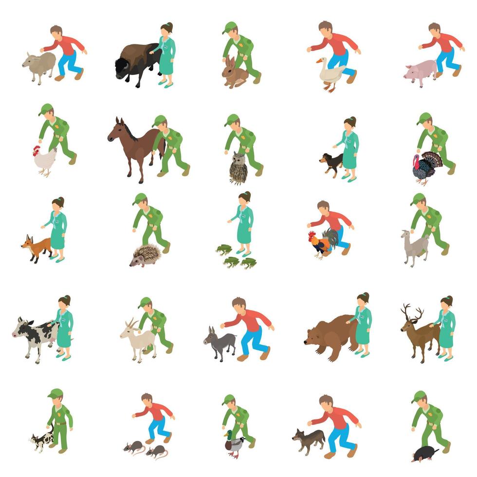 Animal protection icons set, isometric style vector