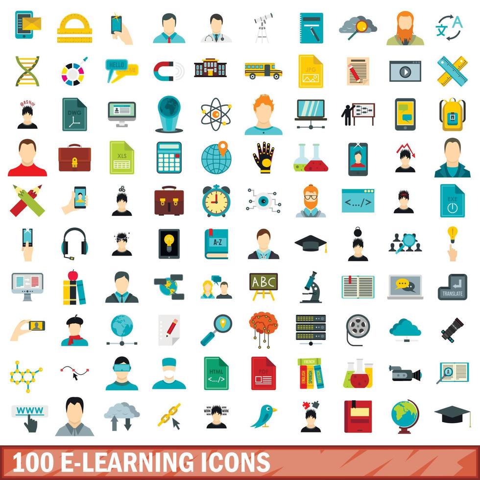 100 e-learning icons set, flat style vector