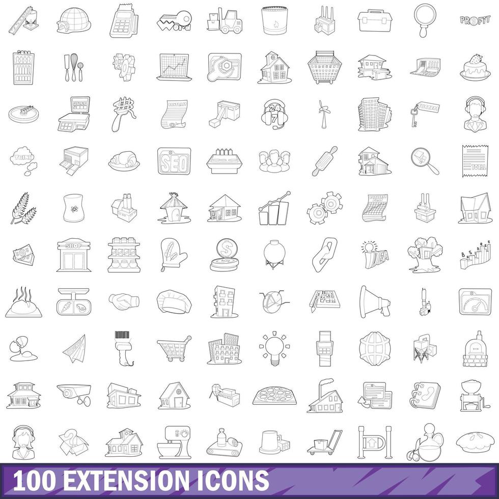 100 conjunto de iconos de extensión, estilo de esquema vector