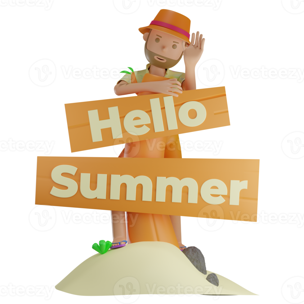 3d personaje de verano y tablero de hola verano. png