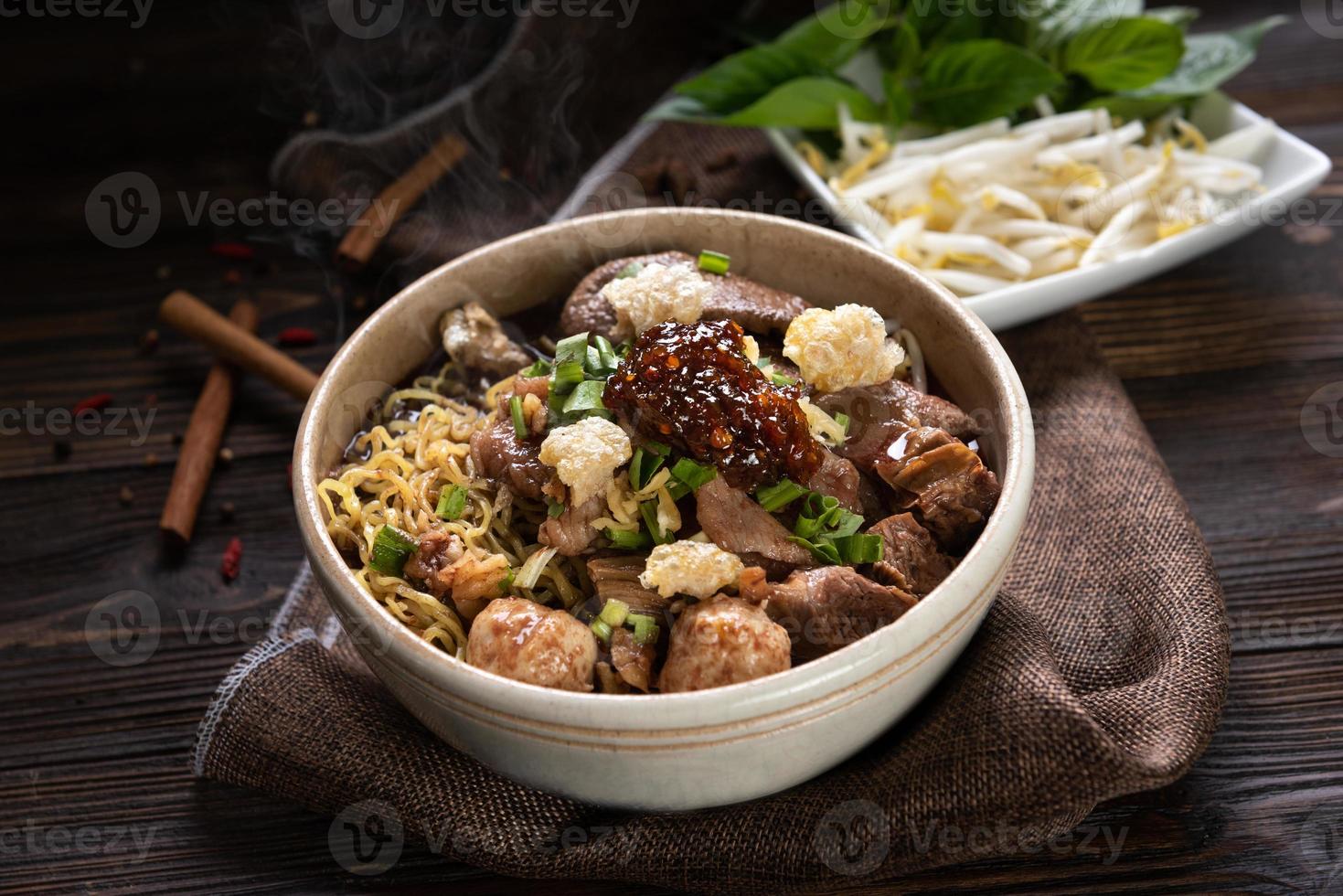 Noodles with pork and pork balls with soup Thai style photo