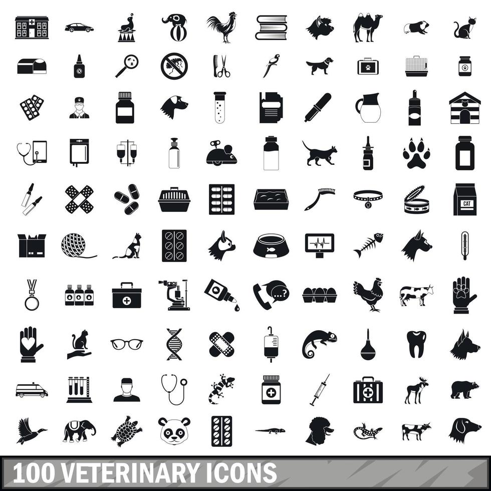 100 veterinary icons set, simple style vector