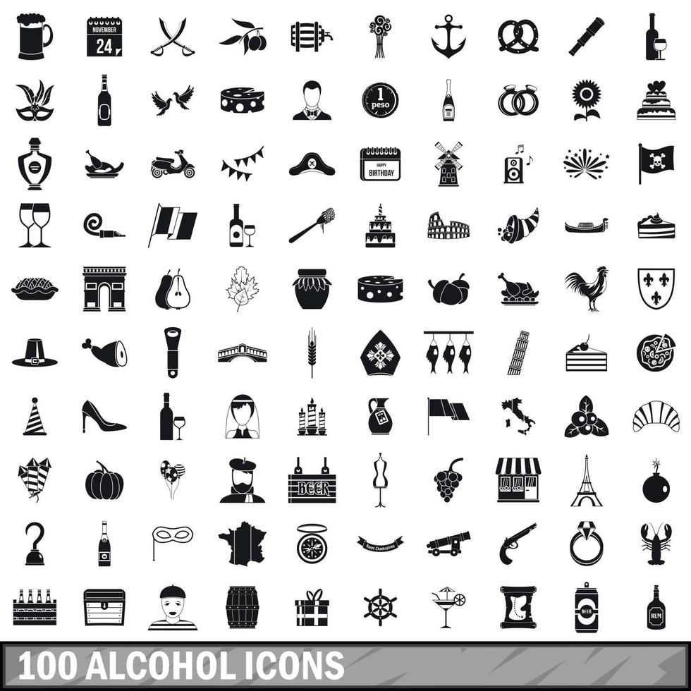 100 iconos de alcohol, estilo simple vector