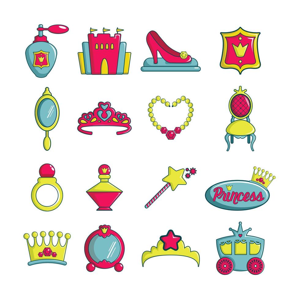 Princess doll icons set, cartoon style vector