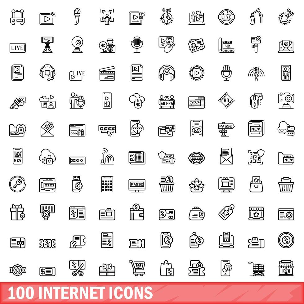 100 iconos de internet establecidos, estilo de esquema vector