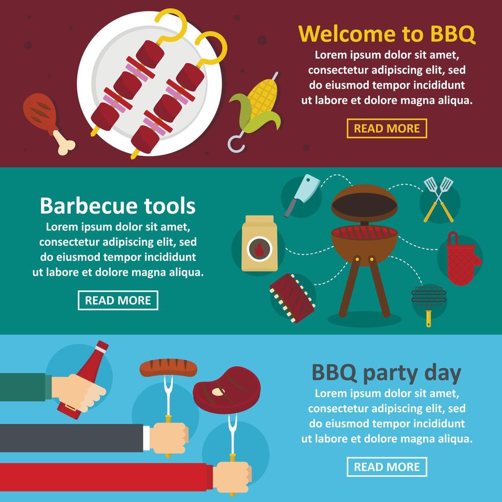 conjunto horizontal de banner de fiesta de barbacoa, estilo plano vector