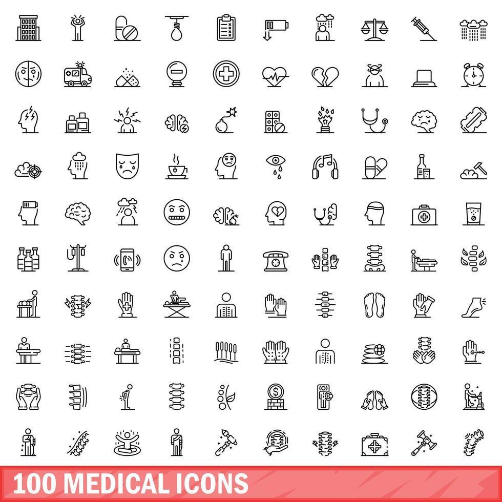 100 medical icons set, outline style vector