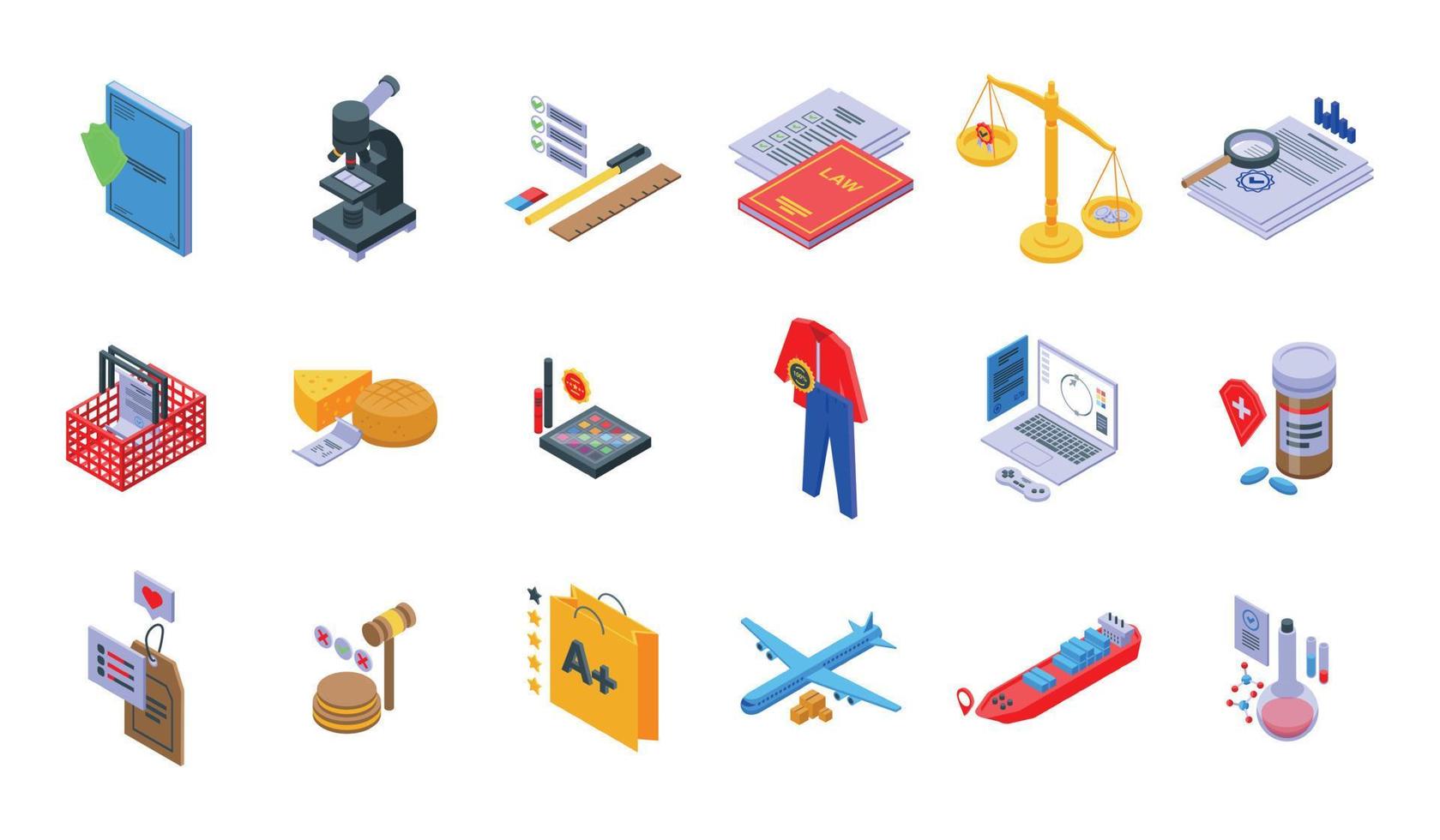 Regulated products icons set isometric vector. Control quality vector