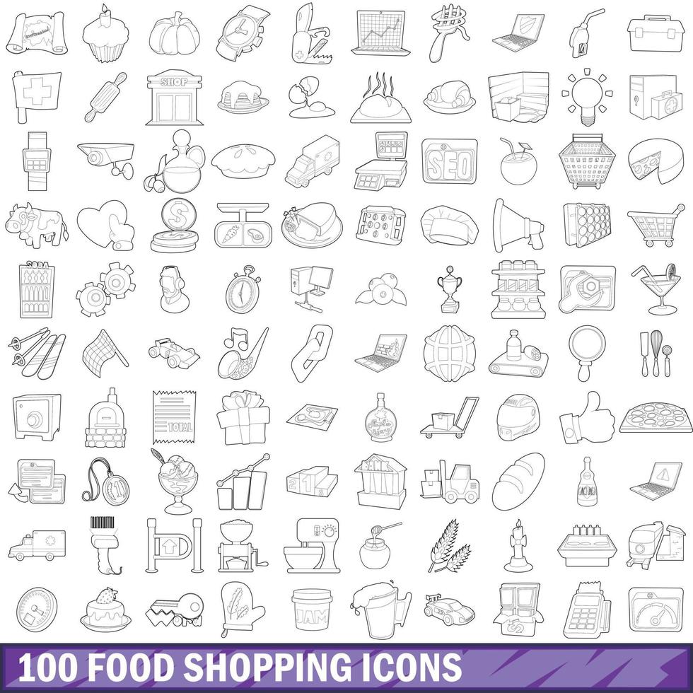 100 food shopping icons set, outline style vector