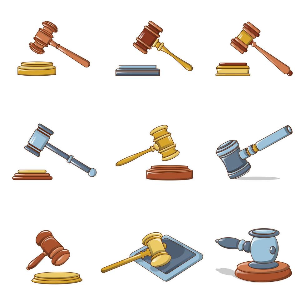 Judge hammer icons set, cartoon style vector