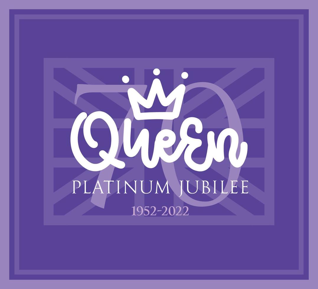 Banner of Queen. 70 Platinum Jubilee 1952-2022 with British flag background. Ready greeting card for celebrate. Rypographic Design for banner, sticker, badge, flyer, brochure. Vector illustration.