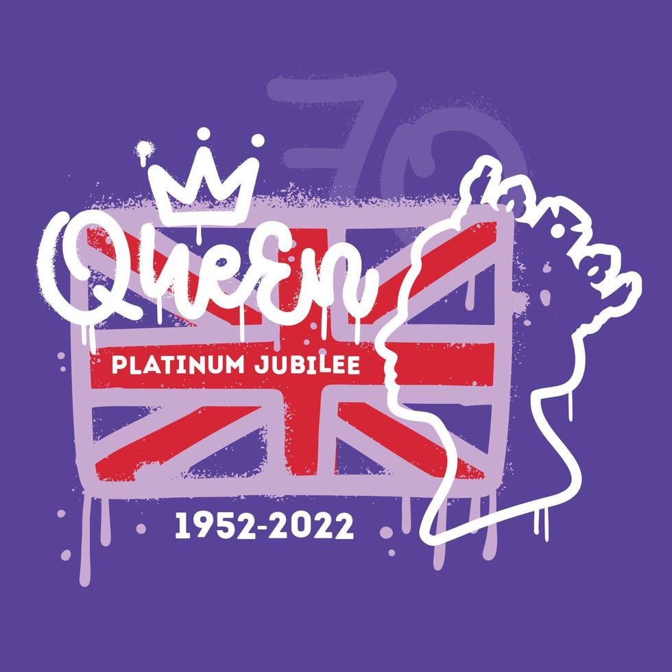 Urban graffiti for Queen Platinum Jubilee 1952-2022 with flag, linear female profile and crown. Greeting card for celebrate. Vector textured hand drawn illustration or banner, badge, flyer, brochure.