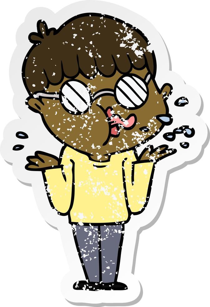 distressed sticker of a cartoon boy wearing spectacles shrugging shoulders vector