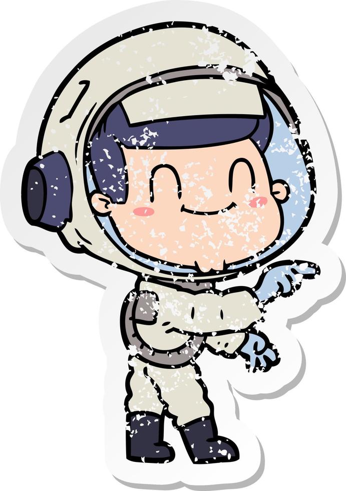 distressed sticker of a happy cartoon astronaut man vector