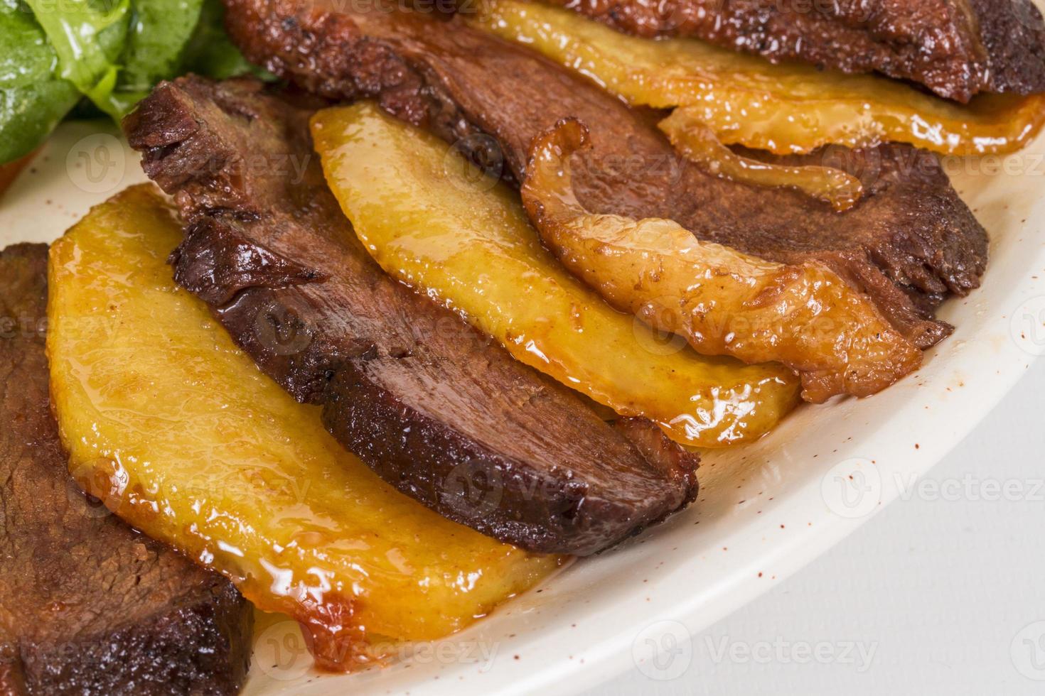 duck fillet, mashed potatoes seasoned with truffle oil, fig and aniseed sauce photo