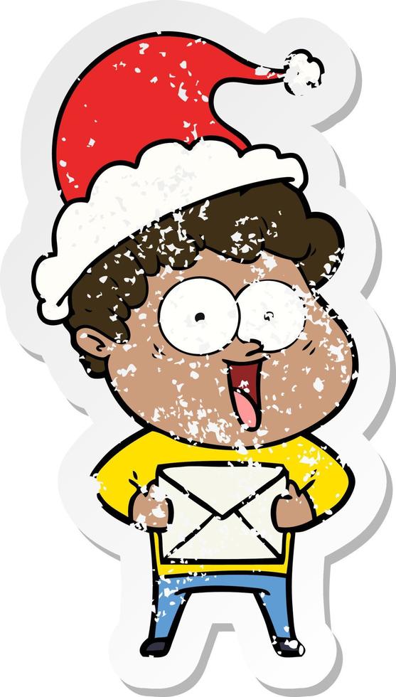 distressed sticker cartoon of a happy man wearing santa hat vector