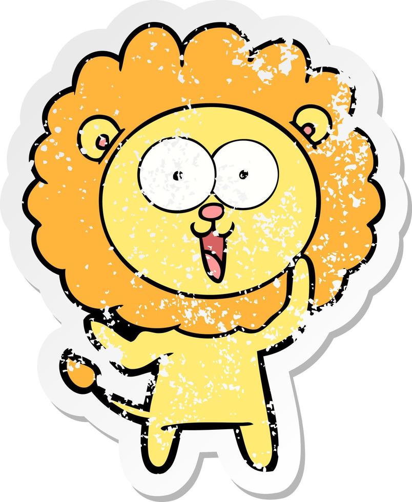 distressed sticker of a happy cartoon lion vector