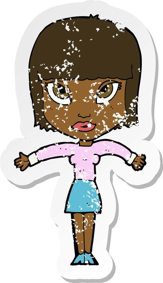 retro distressed sticker of a cartoon woman shrugging vector