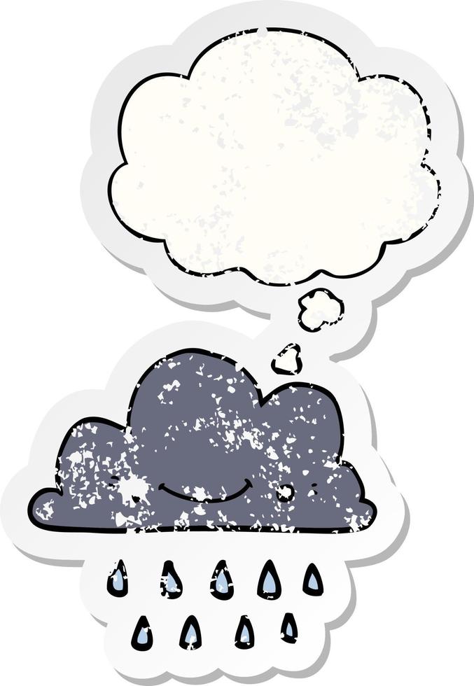 cartoon storm cloud and thought bubble as a distressed worn sticker vector