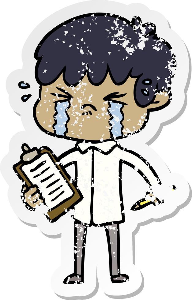distressed sticker of a cartoon boy crying vector