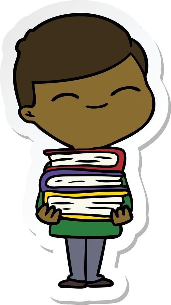 sticker of a cartoon smiling boy with stack of books vector