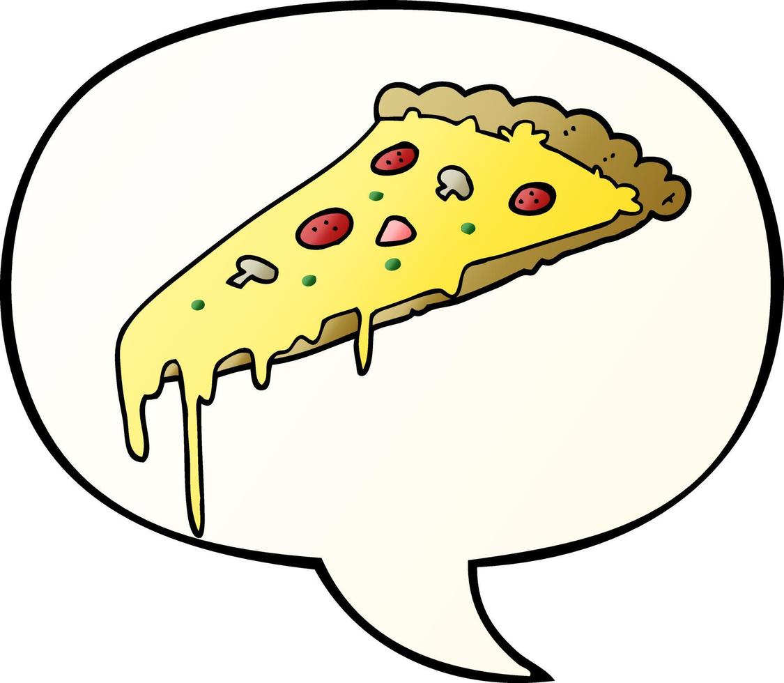 cartoon pizza slice and speech bubble in smooth gradient style vector