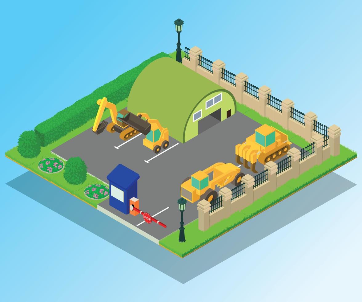 Construction machinery concept banner, isometric style vector