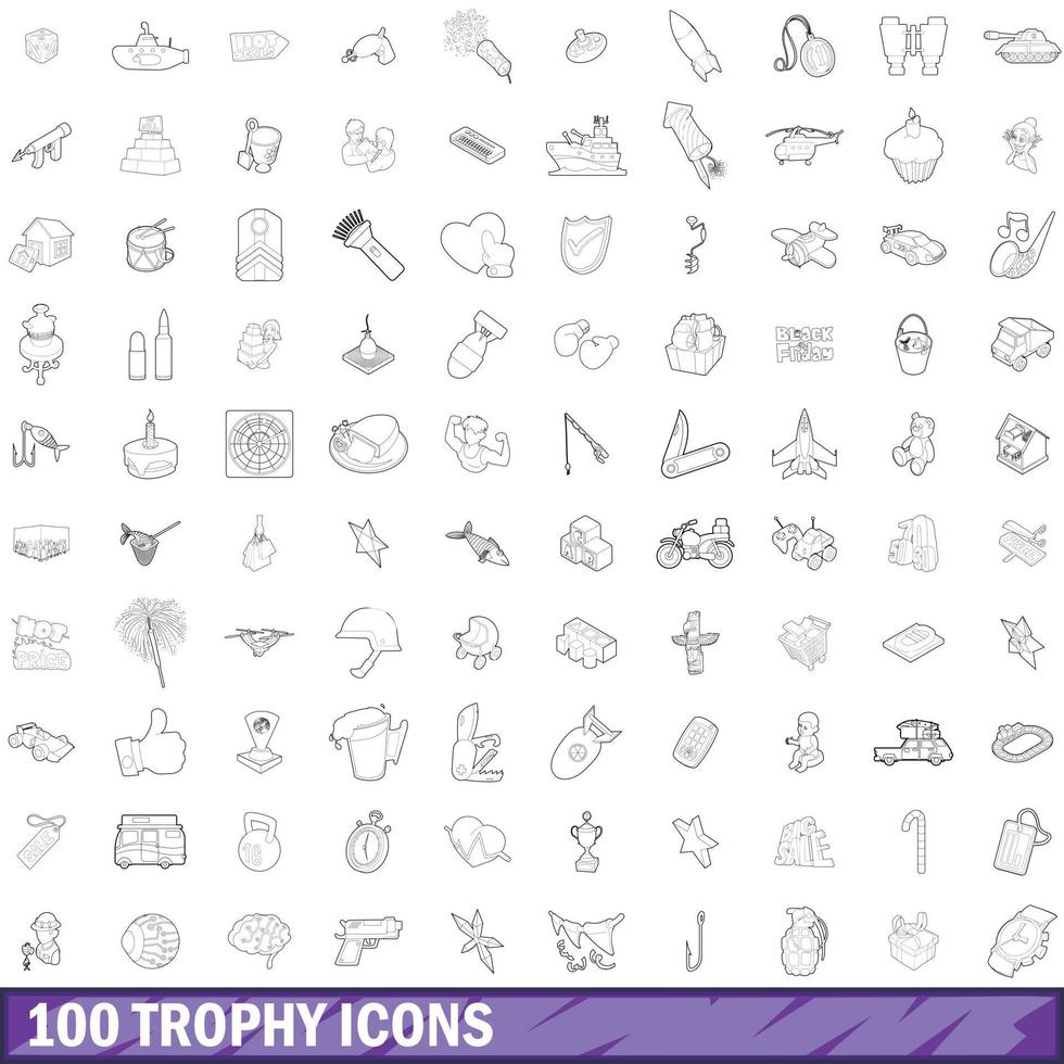 100 trophy icons set, outline style vector