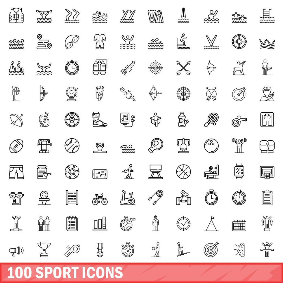 100 iconos deportivos, estilo de esquema vector