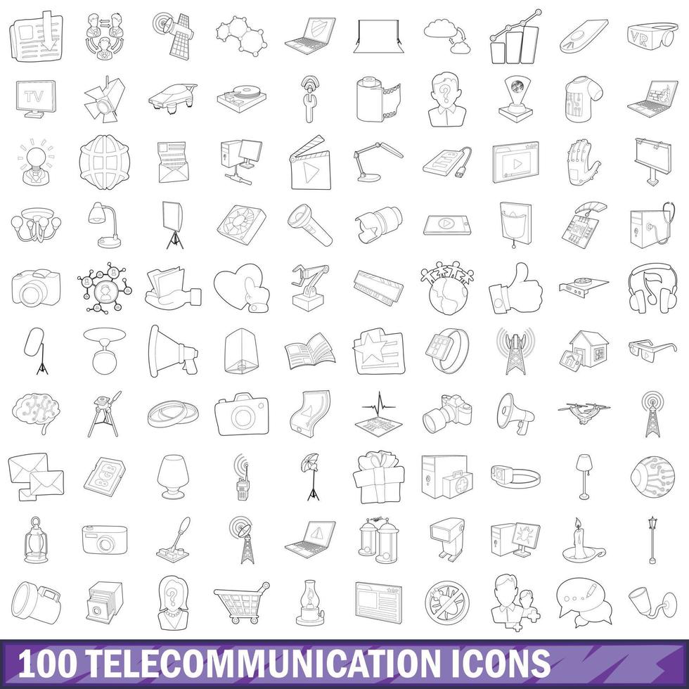 100 telecommunication icons set, outline style vector
