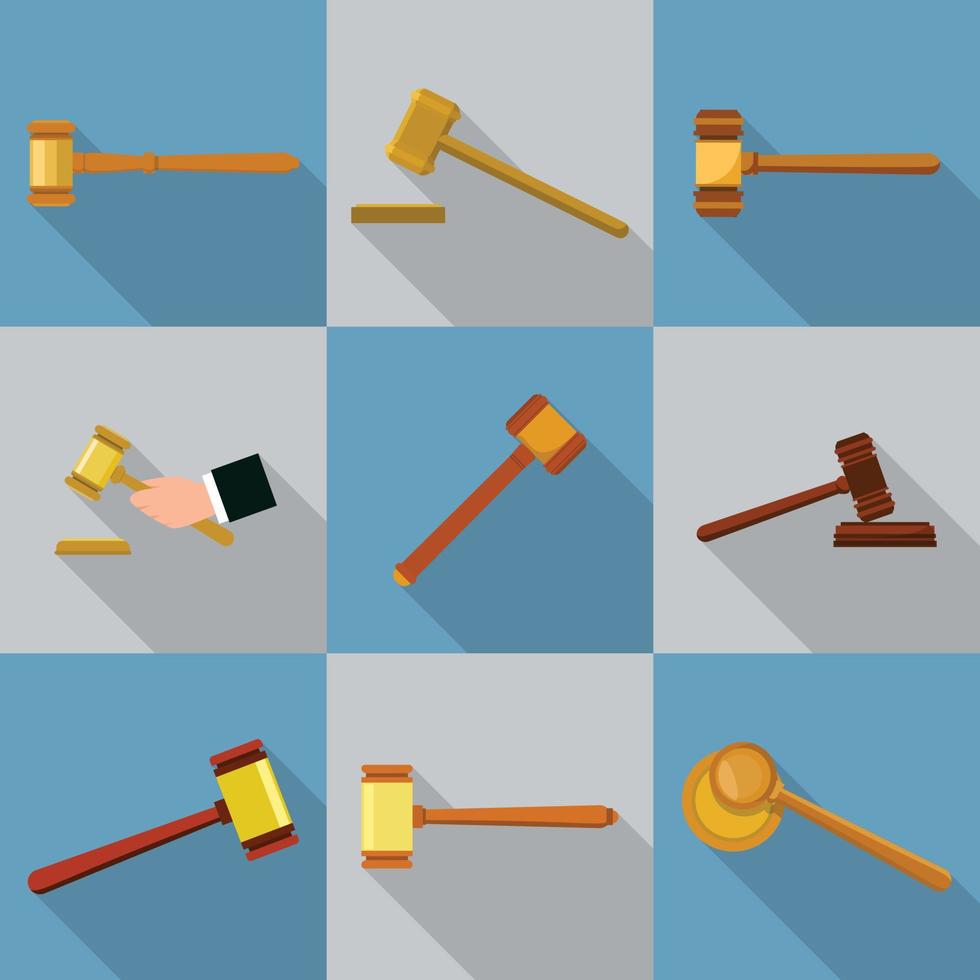 Judge hammer icons set, flat style vector