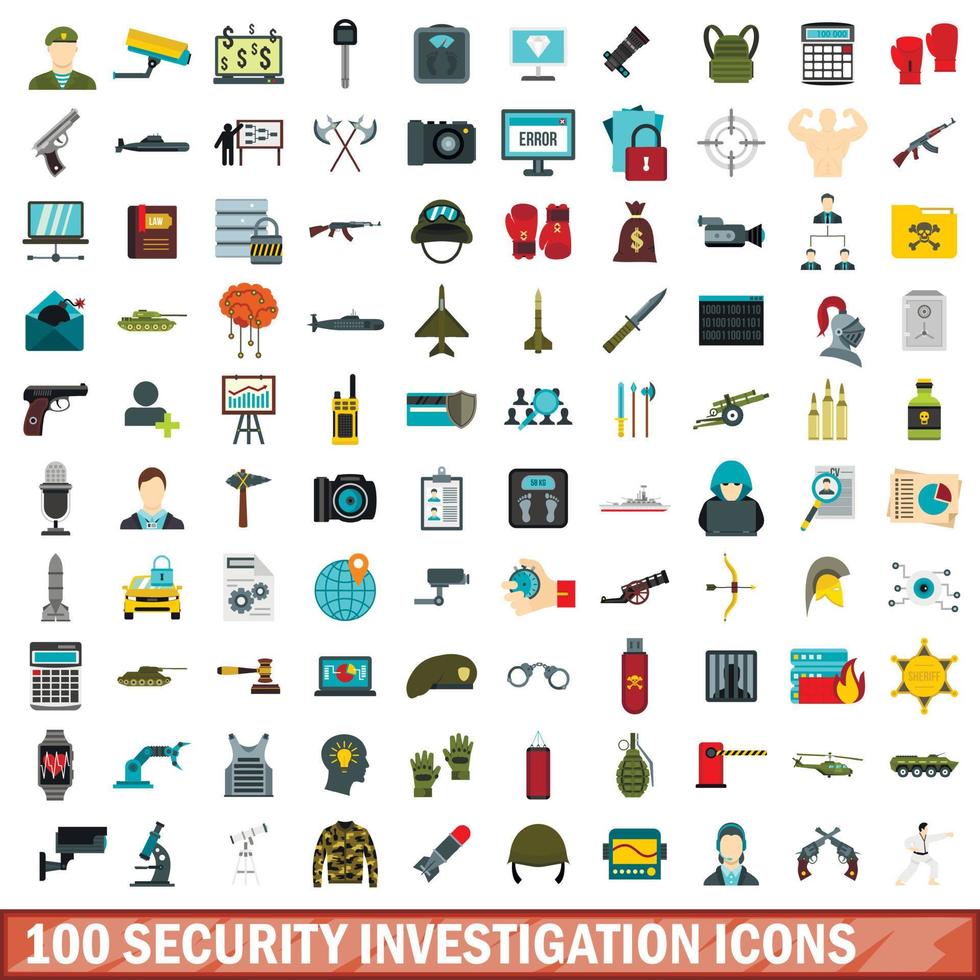 100 security investigation icons set, flat style vector