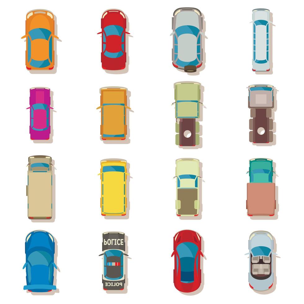 vista superior del coche arriba sobre conjunto de iconos, estilo plano vector