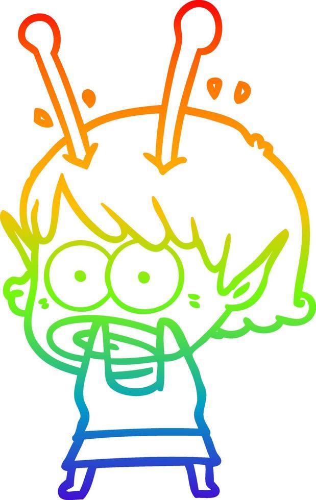 rainbow gradient line drawing cartoon shocked alien girl vector