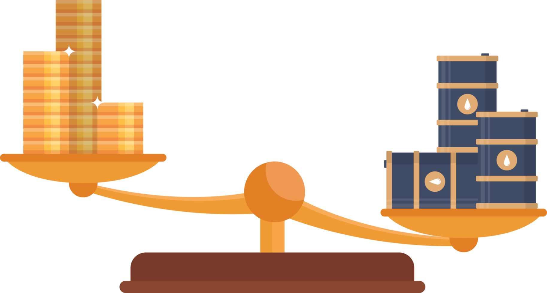 Balance scale with gold coins and oil barrels png