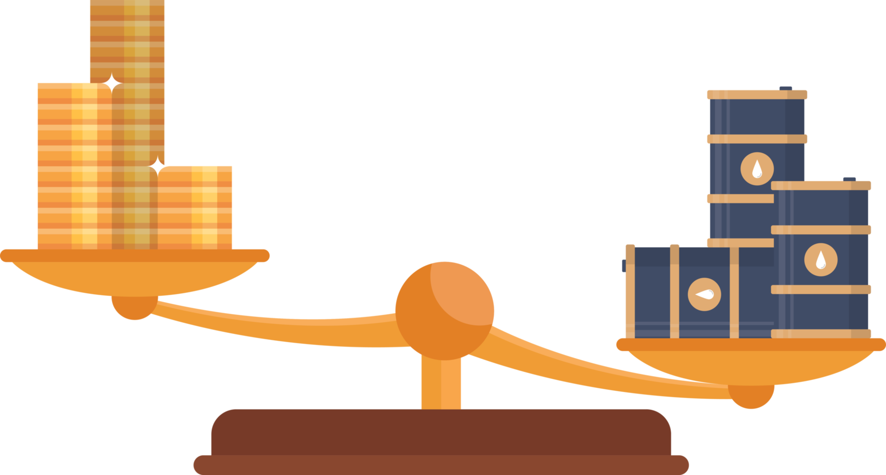 balança com moedas de ouro e barris de óleo png