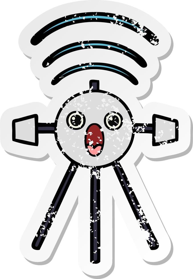 distressed sticker of a cute cartoon satellite vector