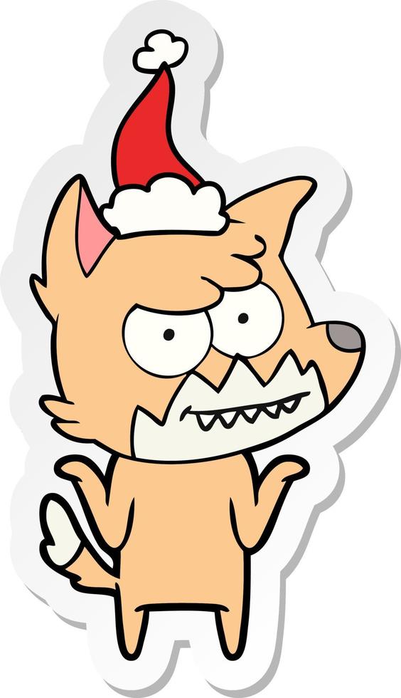 sticker cartoon of a grinning fox wearing santa hat vector