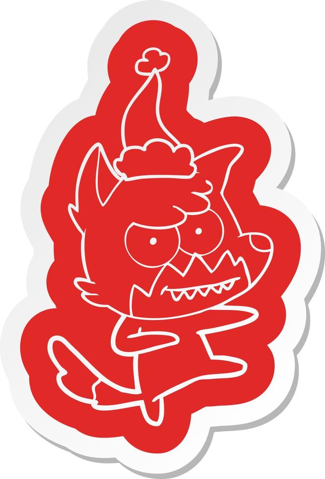 cartoon  sticker of a grinning fox wearing santa hat vector