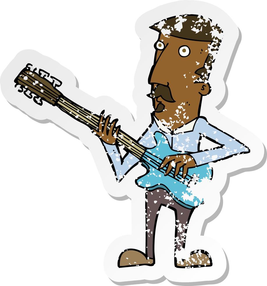 retro distressed sticker of a cartoon man playing electric guitar vector